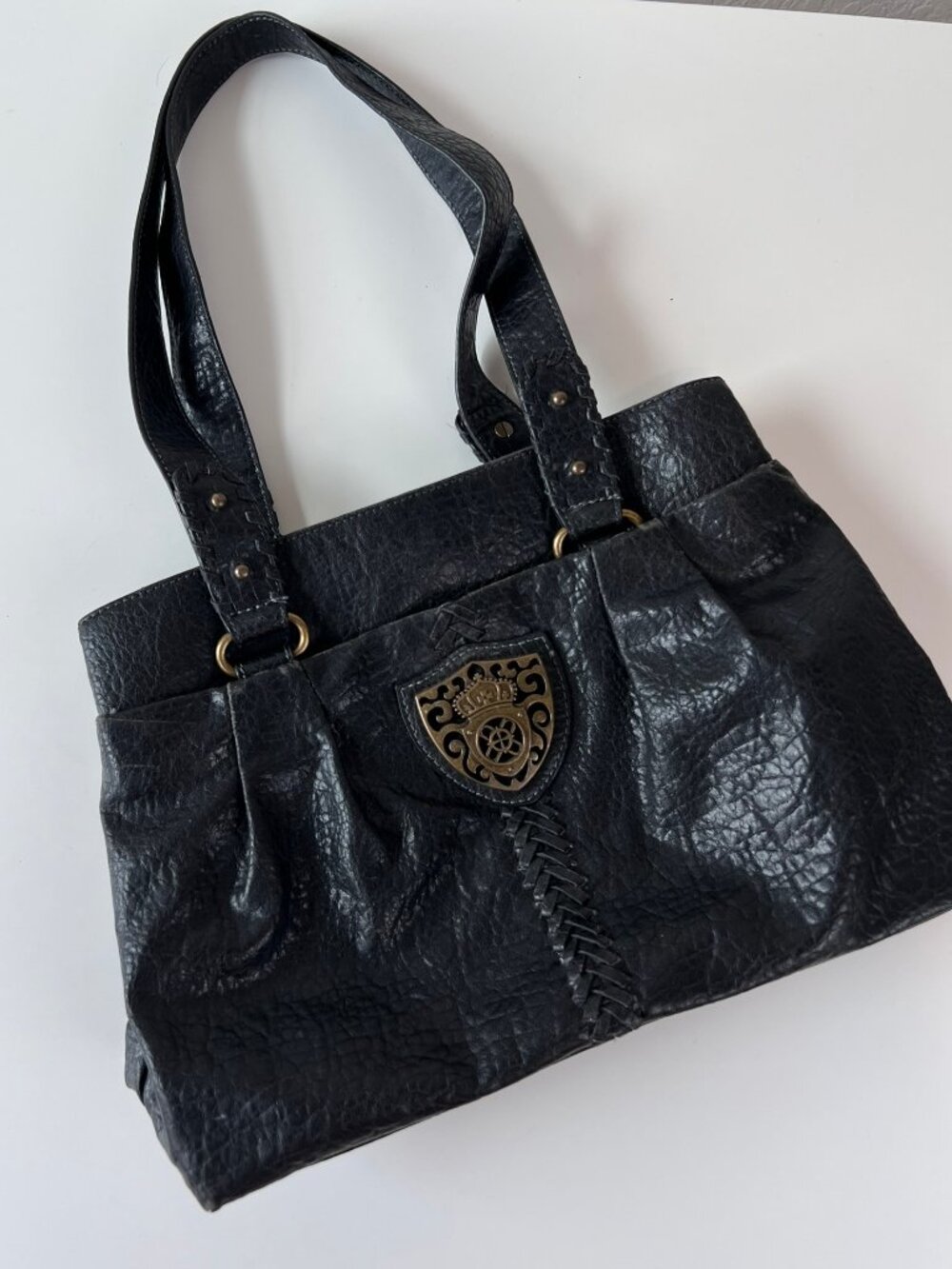 Y2K Black Leather Purse Hand Bag Crown Nicole